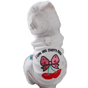 Cute cat sweater with cherry bow embroidery, soft elastic pet clothes for spring and autumn.