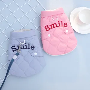 Cute pink blue pet vest winter warm cat clothes with smile embroidery and leash ring main