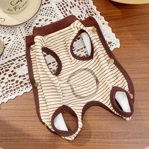 Cute striped dog four-leg jumpsuit, autumn winter warm belly protection clothes for pets.