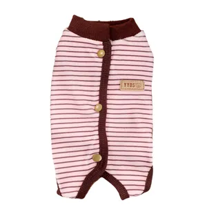 Cute pink striped dog pajamas with brown trim and snaps, comfortable four-leg pet apparel.