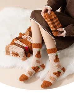 Thickened coral fleece women socks warm winter cute turkey pumpkin mid tube cozy socks