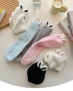 Plush cute rabbit ear coral fleece mid-tube socks warm thick winter home sleep socks multi-color