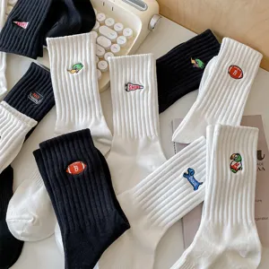 Black and white mid-calf cotton socks with cute embroidery trendy streetwear style apparel