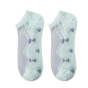 Damen Sommer dünne Kristallseide Bootssocken transparente Netzsocken Blumenmuster