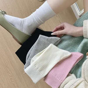 Women Casual Cotton Mid-Tube Socks Solid Color Fine Striped Fashion Crew Socks Spring Summer Breathable Daily Wear Hosiery