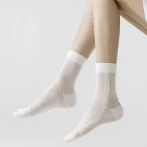 Dames zijden sokken zomer dun doorzichtig wit gestreept verticaal elegante mode stijl