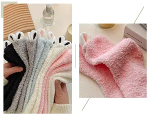 Cute 3D rabbit ear coral fleece mid-calf socks detail, thick warm winter fuzzy home socks.