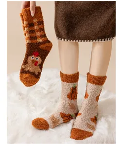 Thickened coral fleece warm mid-calf socks with cute turkey embroidery and cozy plaid design.