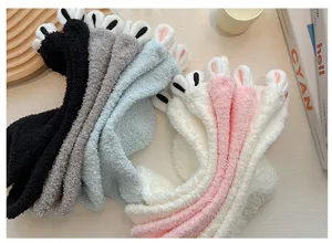 Cozy coral fleece cute rabbit ear mid-calf socks, thick winter warm home sleep socks for women.