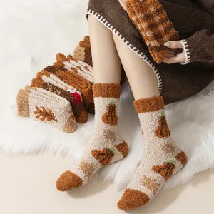 Thickened Coral Fleece Sleep Socks Women Winter Warm Jacquard Turkey Maple Leaf Design Mid Tube Cozy Daily Socks