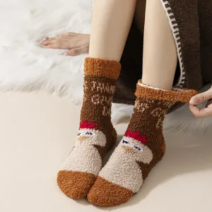 Cozy fuzzy coral fleece women socks with cute turkey pattern thickened warm winter mid-calf socks.