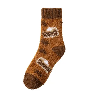 Cozy brown coral fleece mid-tube socks with cute cake pattern, warm and thick winter socks.