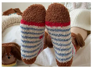 Cozy plush winter socks with cute dog ears design, thick coral fleece warm sleep floor socks.