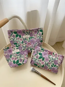Vintage French Floral Jacquard Cosmetic Bag Large Capacity Portable Handbag Toiletry Storage Bag Makeup Pouch For Women