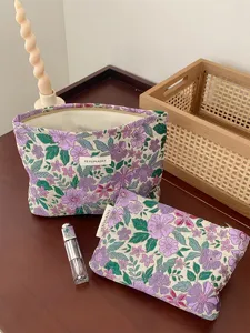 Vintage floral jacquard cosmetic bag set, large capacity portable makeup pouch for daily use.