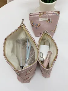 Details of the pink satin butterfly cosmetic bag, large capacity portable travel makeup storage pouch.