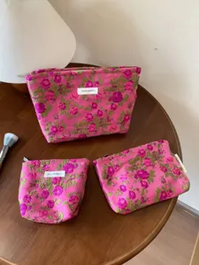 Floral cosmetic makeup bag set detail, portable canvas travel pouch storage wash bag.