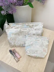 Detailed view of jacquard butterfly cosmetic bags set featuring elegant textile and daily props.
