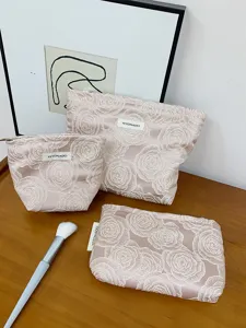 Women Portable Cosmetic Bag Embossed Rose Pattern Large Capacity Makeup Pouch Travel Storage Handbag