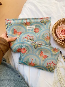 Vintage crane butterfly pattern large capacity makeup pouch set for travel and storage use.