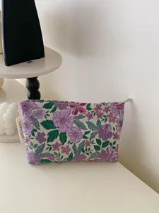 Retro French floral jacquard cosmetic pouch detail view, portable storage bag design.