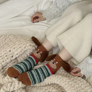 Winter thick plush socks for women, cute puppy 3D ears design, warm coral fleece sleep home floor socks.