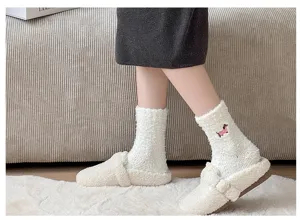 Cozy fleece plush mid-tube socks with cute dachshund embroidery, warm thick winter daily wear.