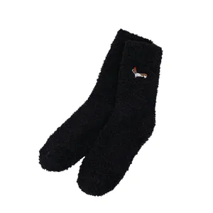 Plush fleece warm socks for women couples, thick cozy black mid-calf socks with cute dachshund.