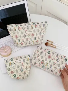 Japanese Fresh Floral Large Capacity Cosmetic Bag Cotton Canvas Makeup Pouch Portable Toiletry Organizer Handbag Storage Bag