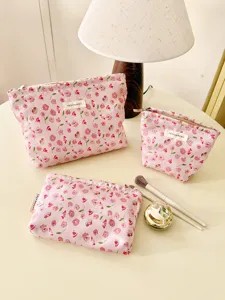 Womens Cute Floral Makeup Bag Portable Cosmetic Storage Pouch Travel Wash Bag Zipper Handbag Daily Toiletry Organizer