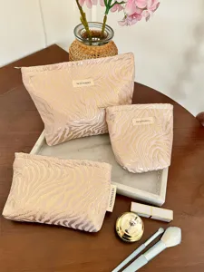 Women Large Capacity Cosmetic Bag Waterproof Striped Embossed Makeup Pouch Travel Toiletry Organizer Handbag