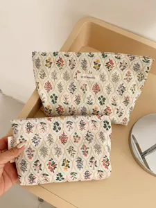 Floral makeup bag set, large capacity portable cosmetic pouch for travel and daily storage.