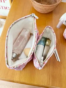 Korean style floral cosmetic bag set, cute pink makeup pouch organizer for women daily use.