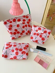 Women's Large Capacity Cosmetic Bag Portable Jacquard Makeup Pouch Cherry Print Travel Toiletry Storage Organizer
