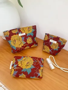 Vintage Floral Brocade Cosmetic Bag Large Capacity Travel Makeup Pouch Toiletry Organizer Handbag For Women