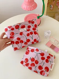 Cherry print cosmetic bag, pink makeup organizer and cute storage pouch for daily use.