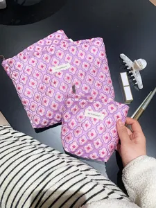 Pink floral jacquard cosmetic bag portable makeup pouch travel storage toiletry bag set