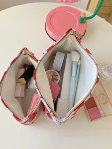 Cherry print canvas cosmetic bag, large capacity zipper pouch for travel and daily makeup storage.