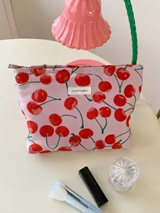 Pink cherry print makeup pouch large capacity cosmetic bag cute zipper storage bag for women