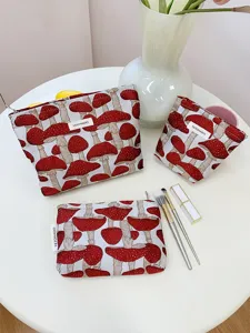 Canvas mushroom print cosmetic bag portable makeup storage pouch organizer set.