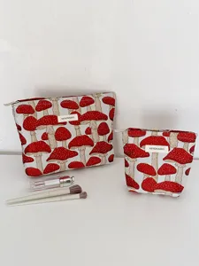 Mushroom print canvas cosmetic bag detail, portable cotton linen makeup storage pouch, cute.