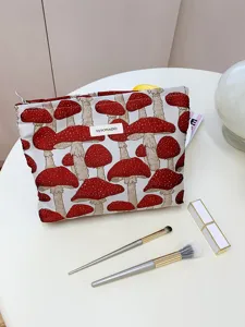 Detailed view of the cute mushroom embroidered canvas cosmetic bag and portable makeup pouch.