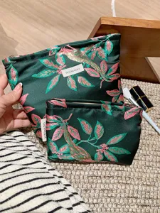 Dark green embroidered floral cosmetic bag set, portable zipper makeup pouch for travel and daily use.