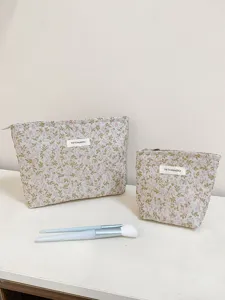 Detailed view of french floral embroidered canvas cosmetic bag set, spacious travel storage.
