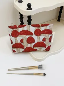 Cute mushroom embroidered ramie cotton cosmetic bag portable makeup pouch storage organizer