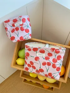 Cherry canvas makeup pouch large capacity cosmetic bag travel zipper organizer cute wash bag