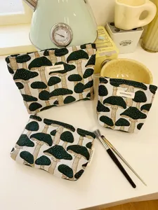 Canvas mushroom makeup pouch set, portable cosmetic bag organizer for daily essentials and travel use.