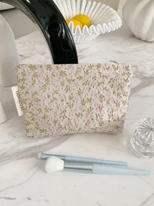French floral embroidered canvas makeup bag, large capacity travel cosmetic pouch organizer.