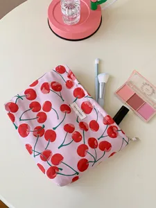 Pink cherry pattern cosmetic bag large capacity makeup pouch travel organizer case