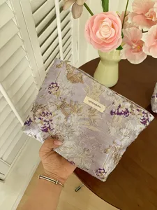 Purple embroidered floral cosmetic bag, large capacity portable storage pouch for travel.